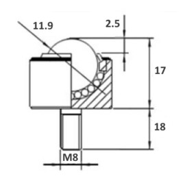 Kogelrol (kogelpot), 11.90 mm, met M8 draadeind, voor zware belasting