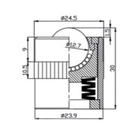 Kogelrol (kogelpot), 12.7 mm, bevestiging door inpassing, met veer